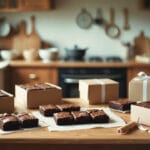 Brownies sendo embalados em caixas simples sobre mesa de madeira em cozinha caseira iluminada