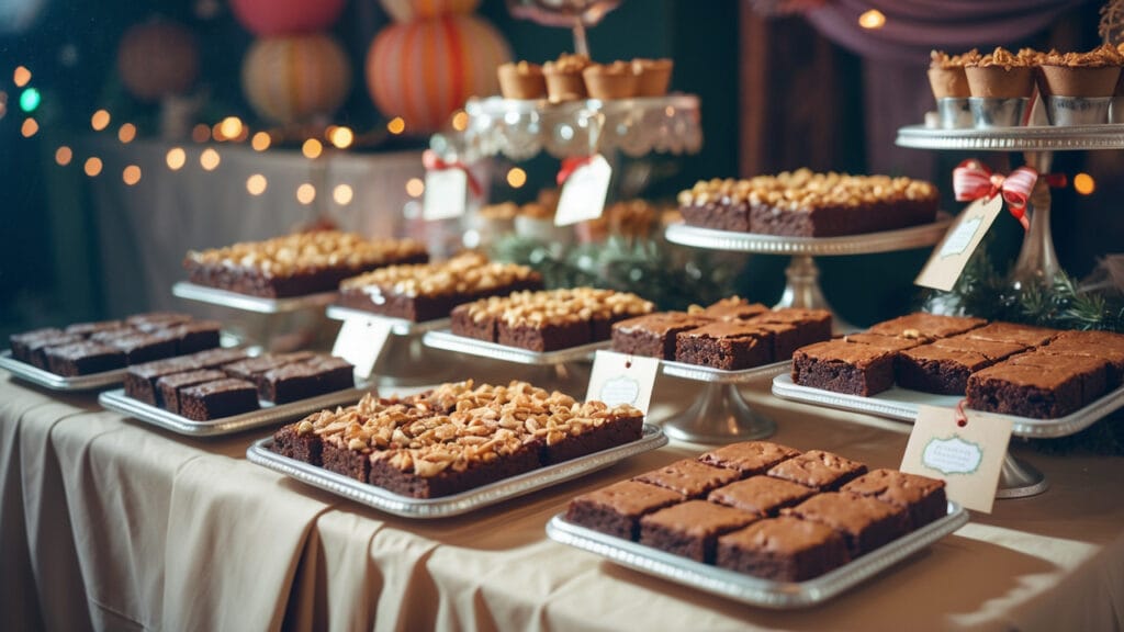 Mesa decorada com brownies variados expostos em bandejas e suportes para venda em evento festivo