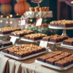 Mesa decorada com brownies variados expostos em bandejas e suportes para venda em evento festivo
