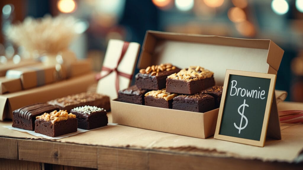 Brownies artesanais com diferentes coberturas em caixa para venda, ao lado de uma plaquinha com símbolo de cifrão