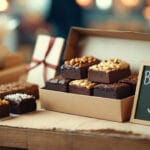 Brownies artesanais com diferentes coberturas em caixa para venda, ao lado de uma plaquinha com símbolo de cifrão