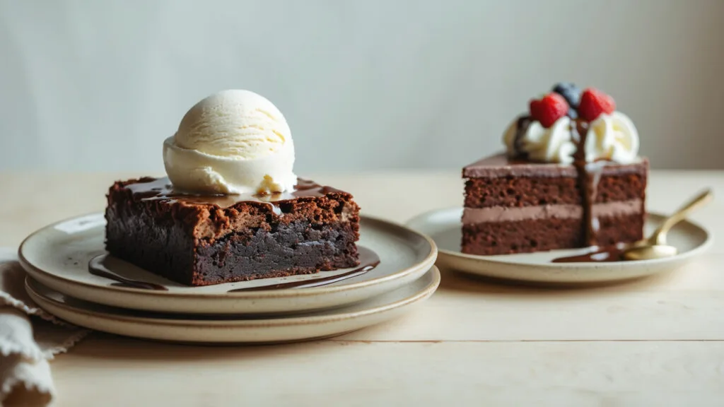 Brownie com sorvete ao lado de uma fatia de bolo de chocolate com chantilly e frutas
