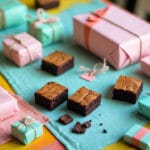 Brownies embalados em papel rosa e verde pastel com barbante sobre mesa colorida, ao lado de pedaços de brownie sem embalagem