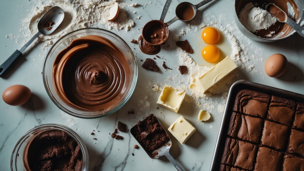 Cenário bagunçado de cozinha com ingredientes espalhados, incluindo farinha derramada, ovos quebrados, chocolate e manteiga, ilustrando os erros que sabotam o sabor do brownie