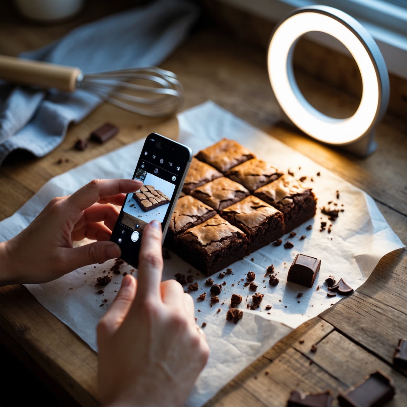 Pessoa segurando celular que captura a imagem de brownies artesanais sobre mesa de madeira com ring light