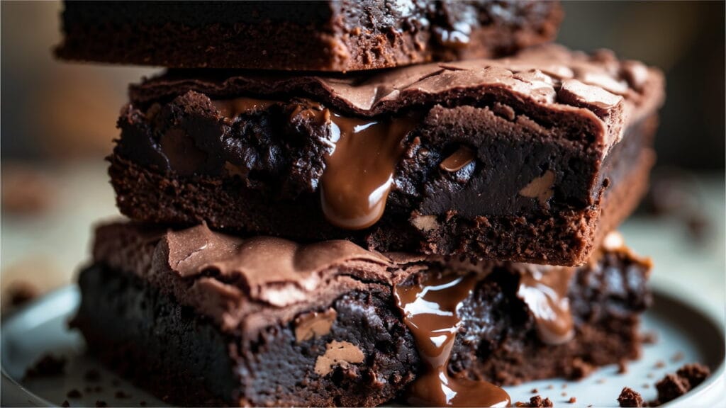 Brownies empilhados com casquinha crocante e recheio cremoso de chocolate derretido.