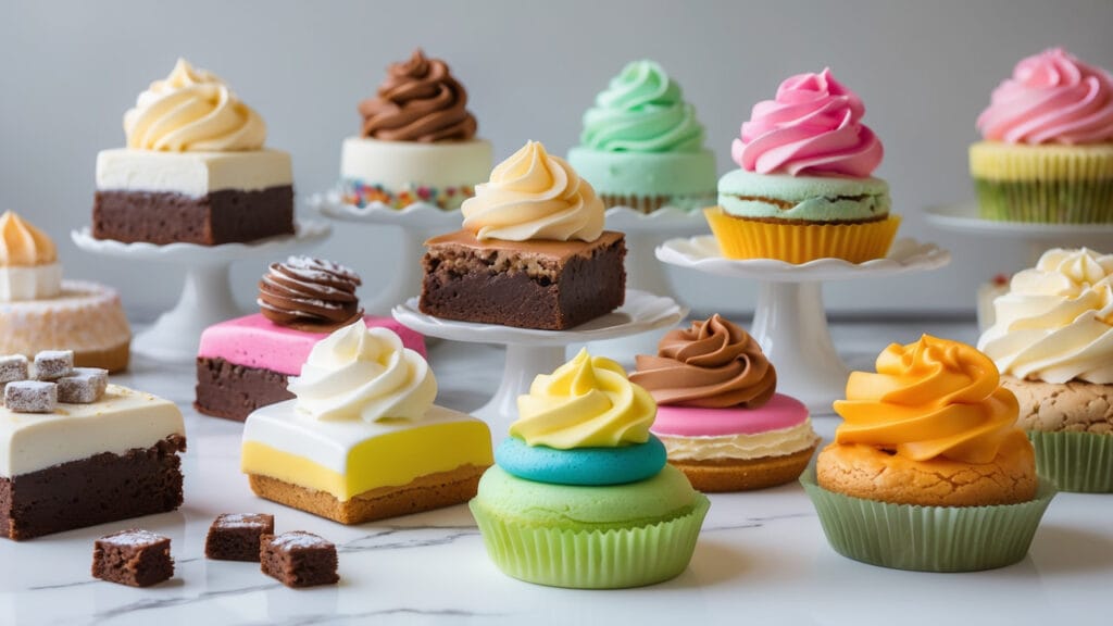 Doces variados com coberturas coloridas em tons vibrantes e suaves, organizados sobre bandejas e suportes brancos