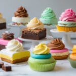 Doces variados com coberturas coloridas em tons vibrantes e suaves, organizados sobre bandejas e suportes brancos