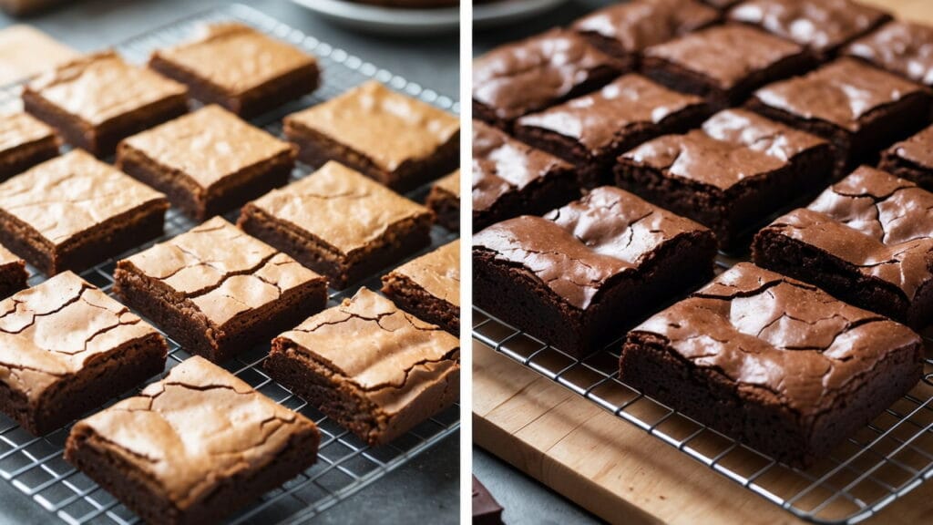 Comparação lado a lado entre brownie feito com achocolatado e brownie feito com cacau puro, evidenciando diferença de cor e textura
