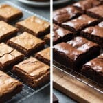 Comparação lado a lado entre brownie feito com achocolatado e brownie feito com cacau puro, evidenciando diferença de cor e textura