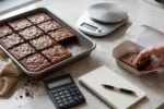 Assadeira com brownies cortados, balança, calculadora e embalagem para calcular o custo por unidade