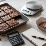 Assadeira com brownies cortados, balança, calculadora e embalagem para calcular o custo por unidade