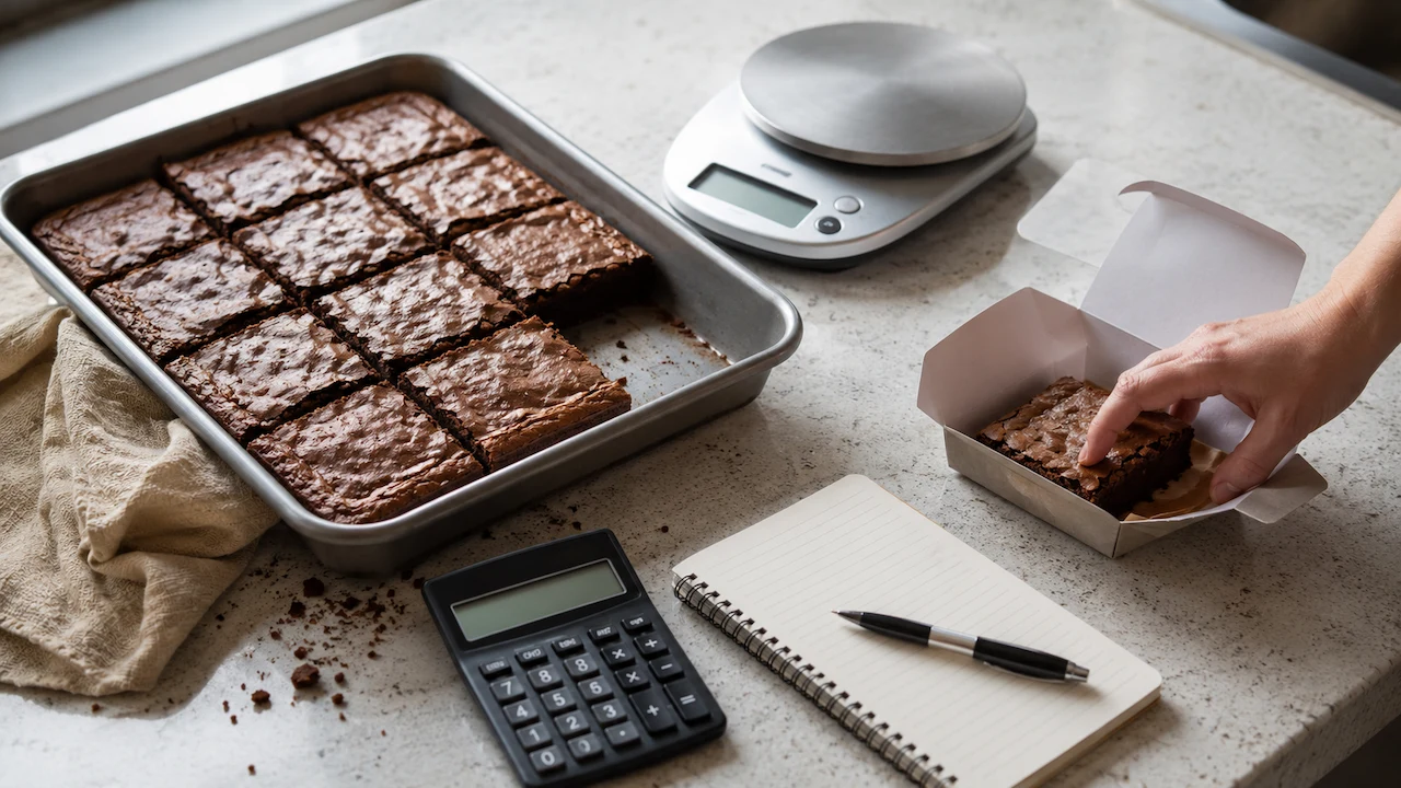 Assadeira com brownies cortados, balança, calculadora e embalagem para calcular o custo por unidade