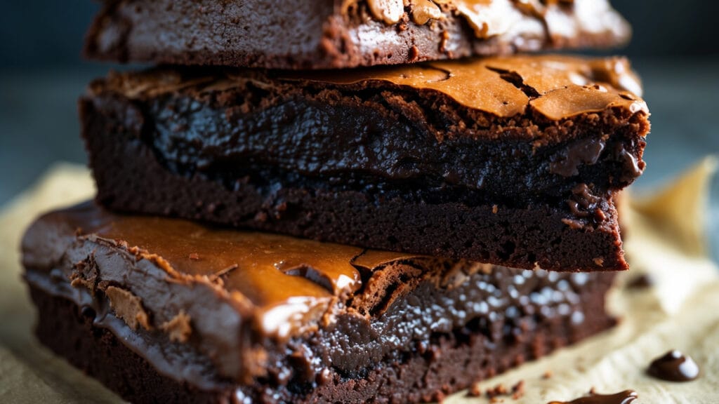 Close-up de brownies com textura molhadinha, casquinha brilhante por cima e interior denso e cremoso