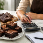 Brownies na bancada com calculadora, caderno e ingredientes, mostrando preço do brownie para vender com lucro.
