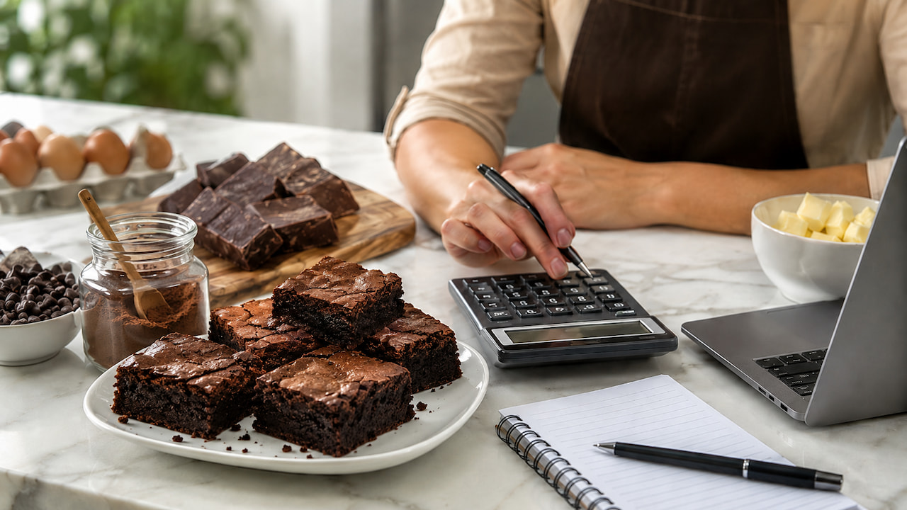 Brownies na bancada com calculadora, caderno e ingredientes, mostrando preço do brownie para vender com lucro.