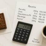 foto de brownie com calculadora e receita manuscrita de precificação