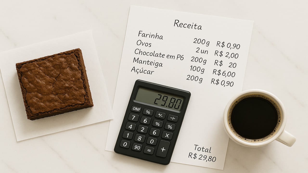 foto de brownie com calculadora e receita manuscrita de precificação
