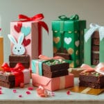 foto mostrando embalagens decoradas com temática de datas comemorativas como Páscoa, Dia das Mães e Namorados, com brownies embalados em caixas coloridas, laços e elementos sazonais