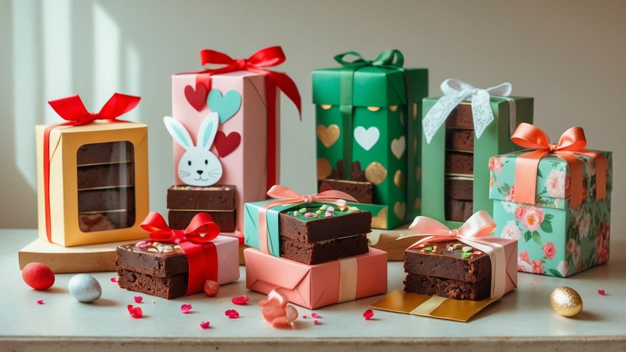 foto mostrando embalagens decoradas com temática de datas comemorativas como Páscoa, Dia das Mães e Namorados, com brownies embalados em caixas coloridas, laços e elementos sazonais