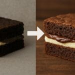 Antes e depois de foto de brownie recheado melhorada com IA.