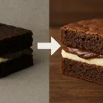 Antes e depois de foto de brownie recheado melhorada com IA.