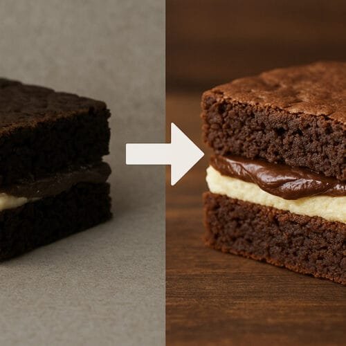 Antes e depois de foto de brownie recheado melhorada com IA.