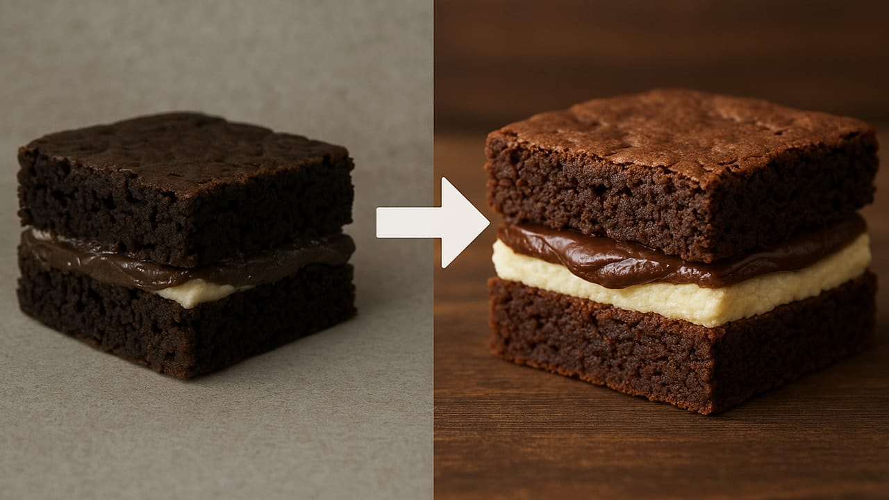 Antes e depois de foto de brownie recheado melhorada com IA.