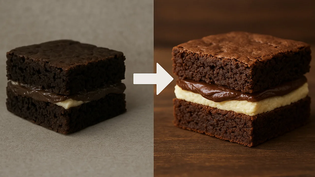 Antes e depois de foto de brownie recheado melhorada com IA.