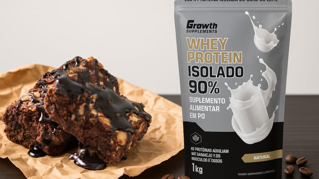 foto de brownie proteico com calda e whey Growth ao fundo