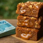 foto de brownies recheados com doce de leite ao lado de notas de cem reais