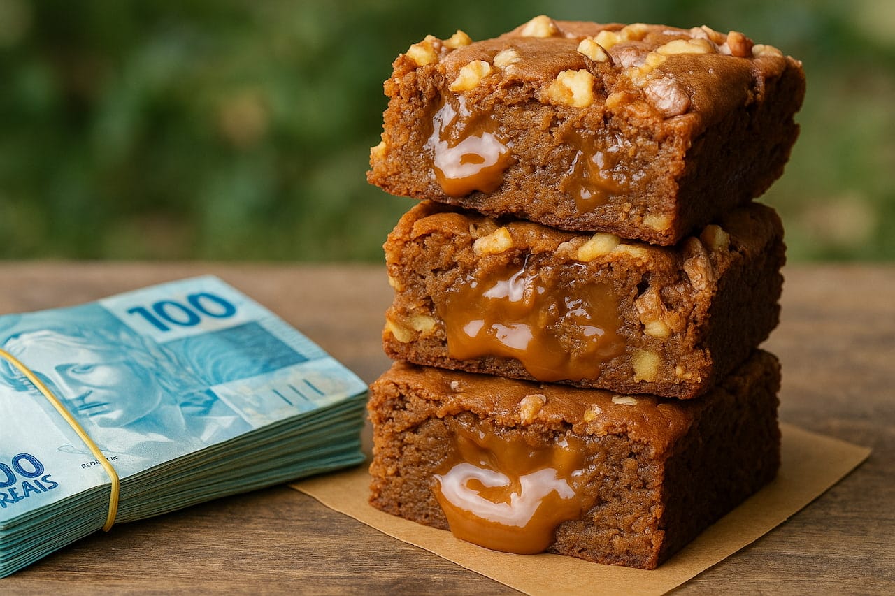 foto de brownies recheados com doce de leite ao lado de notas de cem reais