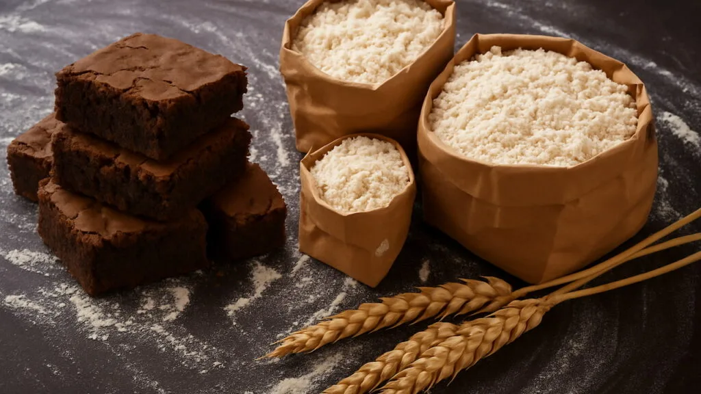 foto de brownies ao lado de sacos de farinha sobre mesa enfarinhada