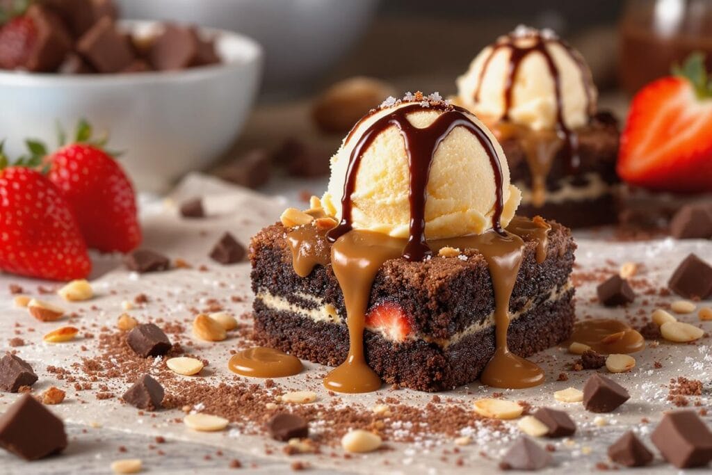 Brownie recheado com morango, coberto com sorvete e caldas, rodeado por pedaços de chocolate e amêndoas.