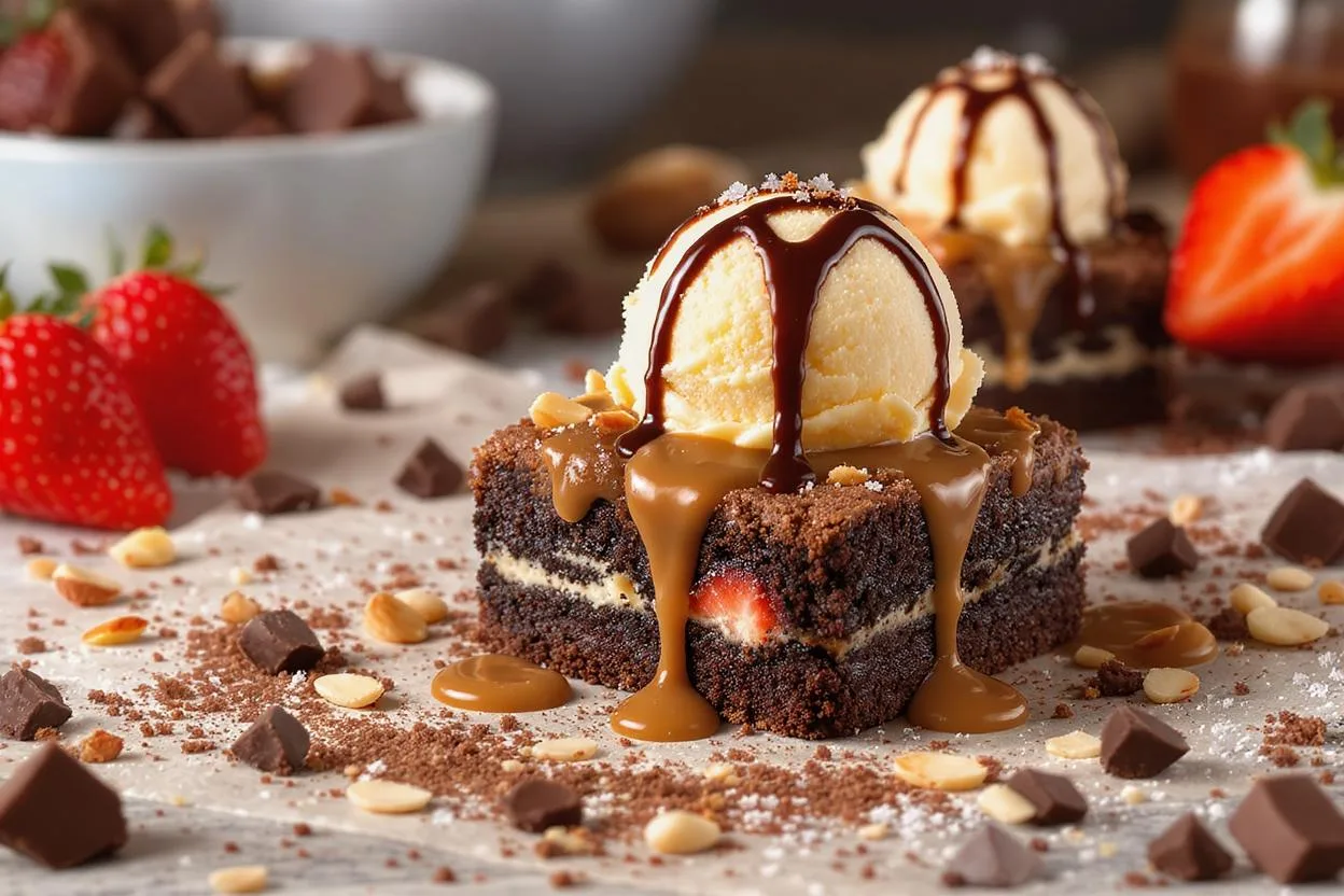 Brownie recheado com morango, coberto com sorvete e caldas, rodeado por pedaços de chocolate e amêndoas.