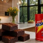 brownie de nescau sobre bancada com lata de nescau ao lado