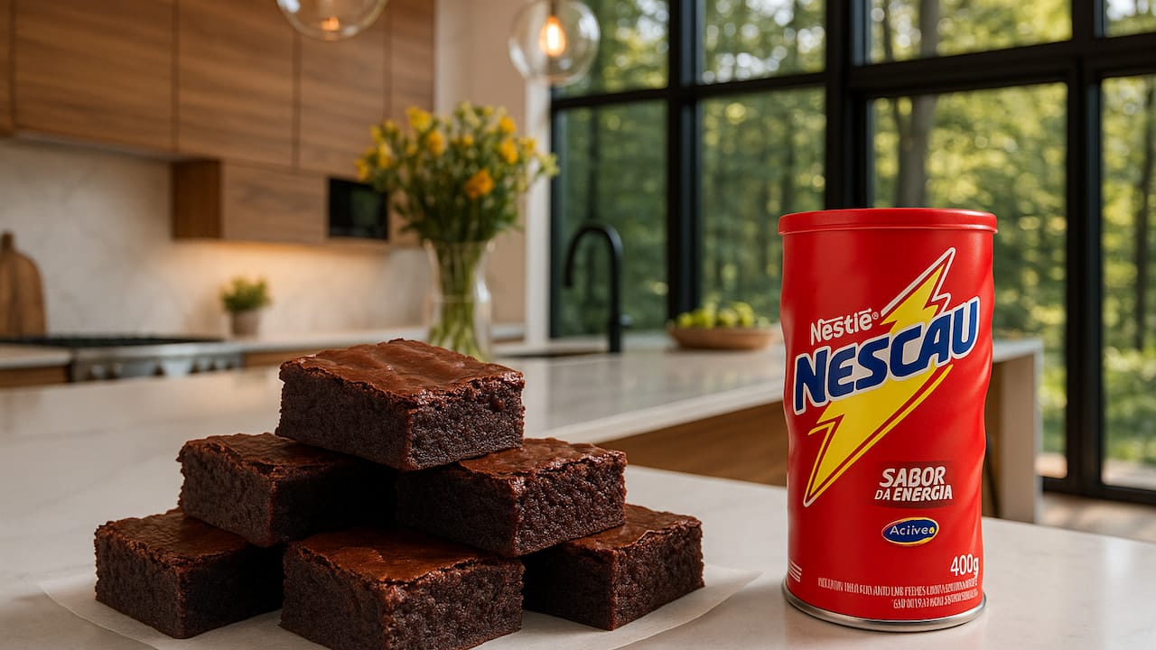 brownie de nescau sobre bancada com lata de nescau ao lado