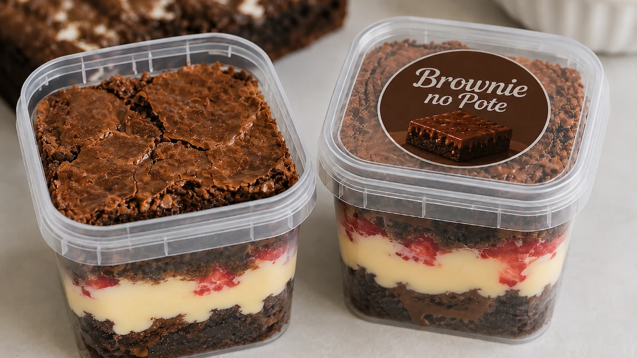 Dois potes transparentes de brownie com camadas de creme de chocolate, um aberto e outro fechado