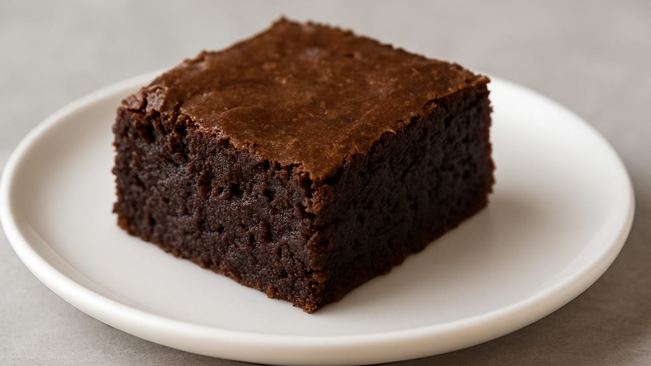 brownie de abacate com casquinha crocante em prato branco.