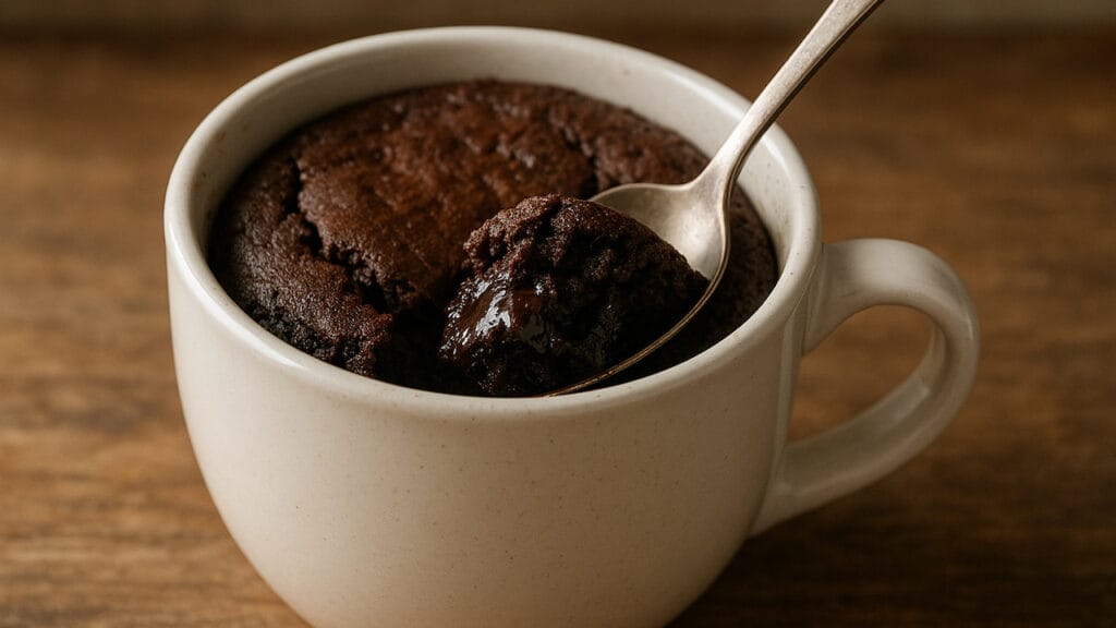 brownie de microondas com colher mostrando interior cremoso