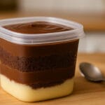 brownie no pote em embalagem plástica com camadas de creme e chocolate.