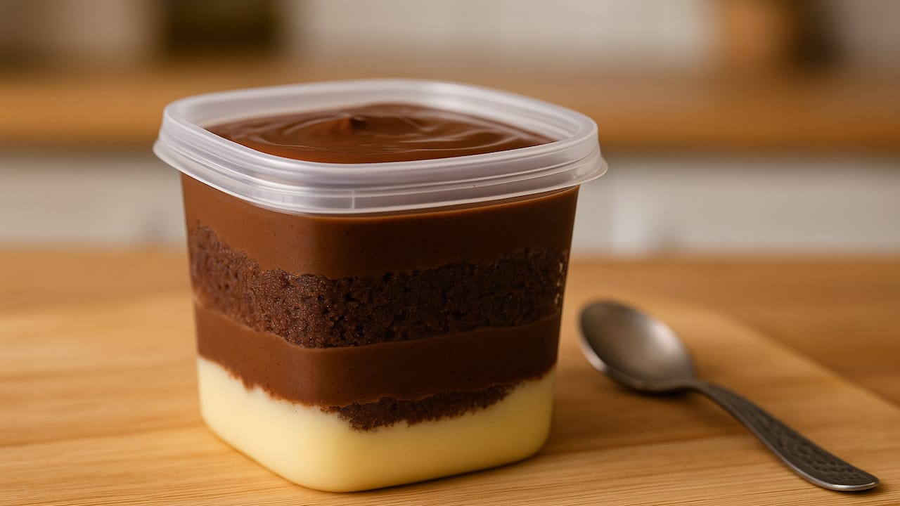 brownie no pote em embalagem plástica com camadas de creme e chocolate.