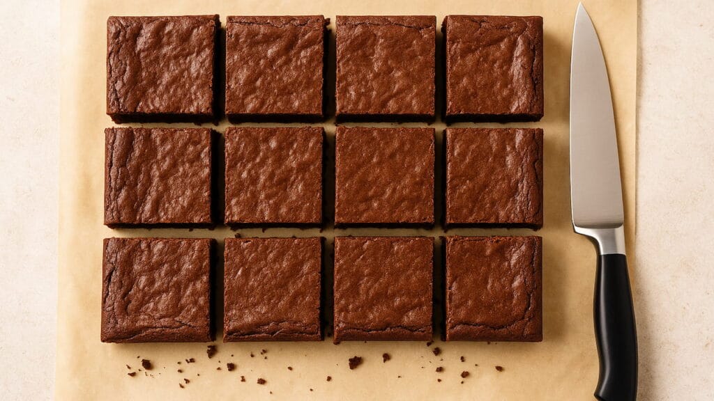 brownies em corte profissional com faca sobre papel manteiga
