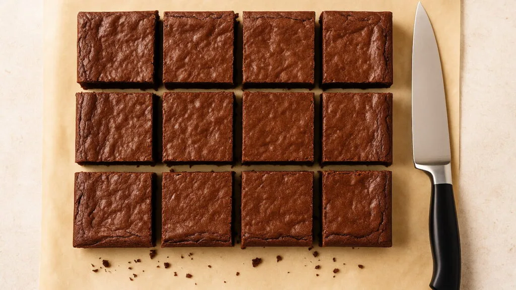 brownies em corte profissional com faca sobre papel manteiga