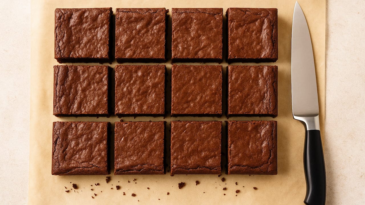 brownies em corte profissional com faca sobre papel manteiga