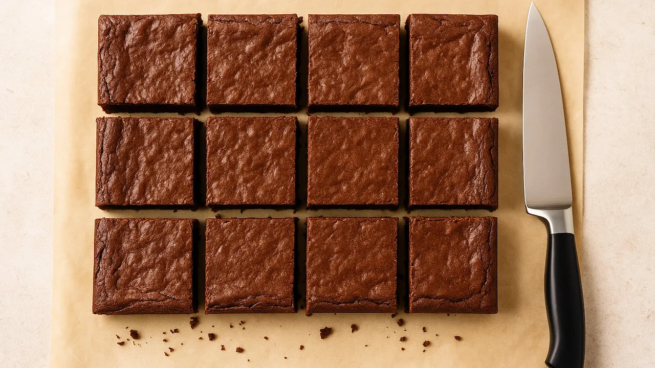 brownies em corte profissional com faca sobre papel manteiga