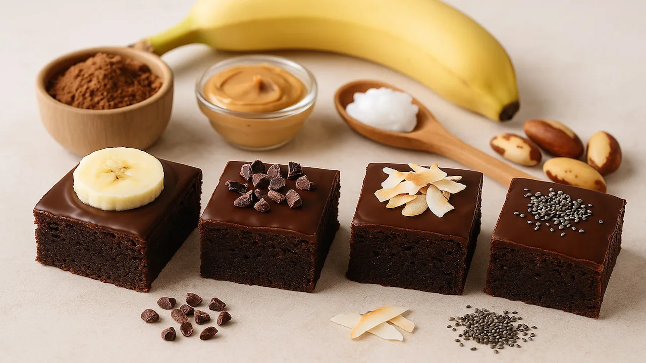 foto de brownies fit com toppings saudáveis e ingredientes naturais ao fundo