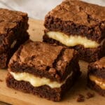 Brownies recheados com creme branco, brigadeiro e doce de leite, mostrando textura crocante e recheios