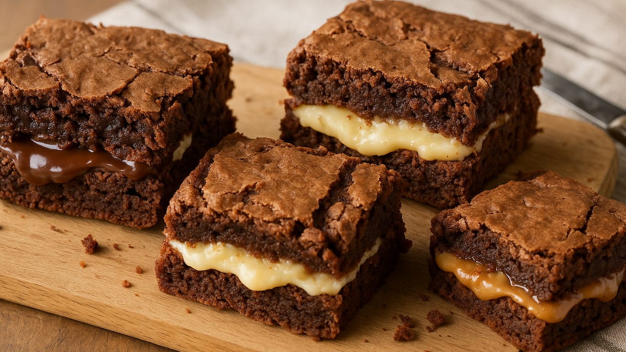 Brownies recheados com creme branco, brigadeiro e doce de leite, mostrando textura crocante e recheios