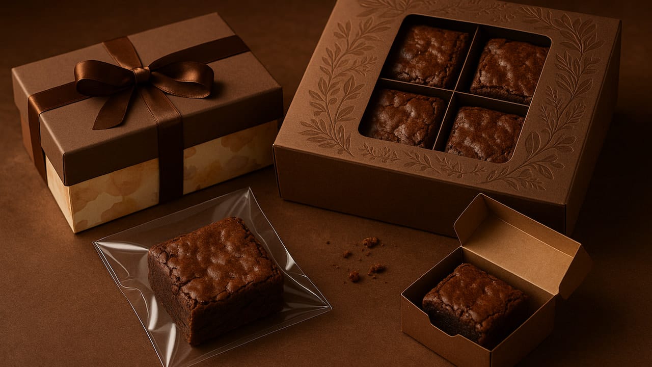 foto de embalagens sofisticadas para brownies com diferentes estilos e formatos.